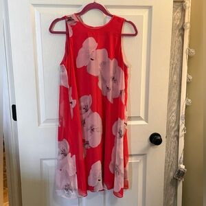 Calvin Klein Coral Red Scoop Neck Dress with Soft Pink Accents size 8 EUC
